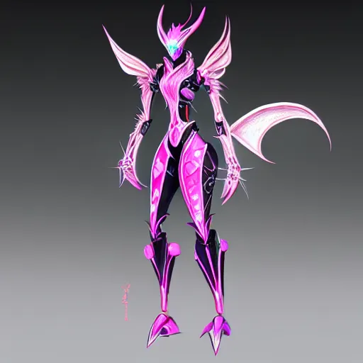 Prompt: highly detailed exquisite fanart, of a beautiful female warframe, but as an anthropomorphic robot dragon, standing elegantly, shining reflective off-white plated armor, bright Fuchsia skin, sharp claws, rear back shot, epic cinematic shot, realistic, professional digital art, high end digital art, DeviantArt, artstation, Furaffinity, 8k HD render, epic lighting, depth of field