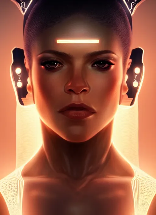 Image similar to portrait of female cyborg, shakira, intricate, elegant, glowing lines of light, highly detailed, digital painting, artstation, glamor pose, concept art, smooth, sharp focus, illustration, epic angle, art by artgerm and greg rutkowski, artey freytag