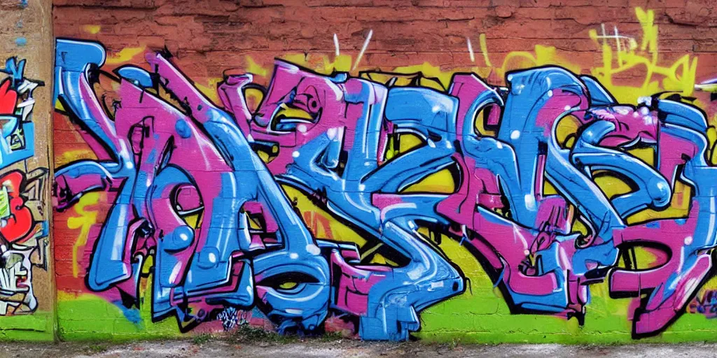 Prompt: tag and hiphop graffiti font, alien throw up wildstyle, spray, brick street 4 k photo