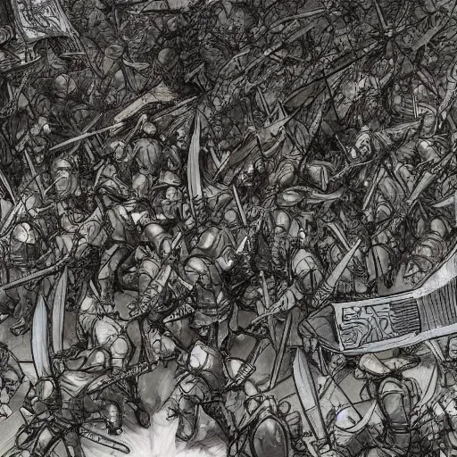 Image similar to one hero with sword looking at army of swordsmen in the background, in the middle of an arena, crowd of people, pencil art, straight, clear, added detail, high definiton, colored, aerial view, by yoji shinkawa