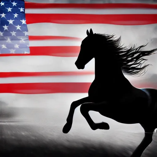 Prompt: smoke figure of horse running, usa flag in background, octane render, dramatic, cinematic, hyper realistic,
