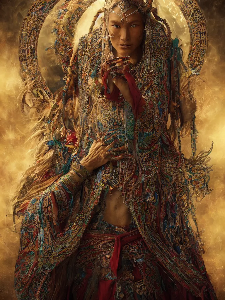 Image similar to a photo of a mystical tibetan shaman is surrounded by sacred geometry made from elven architecture, full body, perfect face, powerful, cinematic, beautifully lit, by artgerm, by karol bak, 3 d, trending on artstation, octane render, 8 k