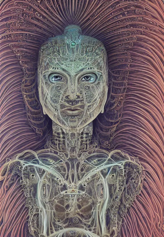 Image similar to perfectly centered portrait, front view of a beautiful biomechanical fractal robot buddha, female, flowing hair, intense stare, sarcastic smile, symmetrical, concept art, intricate detail, volumetric shadows and lighting, realistic oil painting by alex grey and gustave dore,