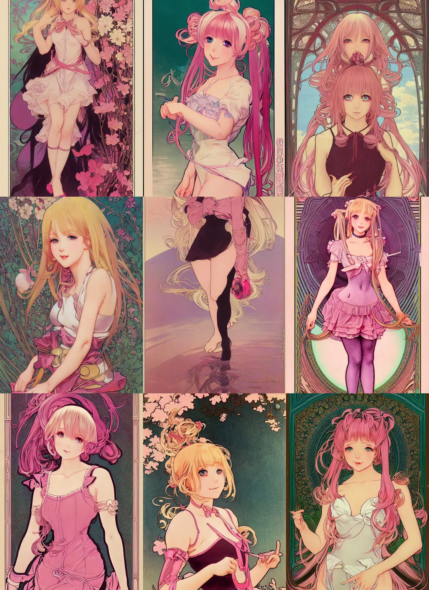 Prompt: portrait of cute blonde anime girl, with huge long pigtails, skintight pink bodysuit, dark pink miniskirt, extremely detailed, digital illustration, by rossdraws, alphonse mucha, frank fanzzeta, collectible card art