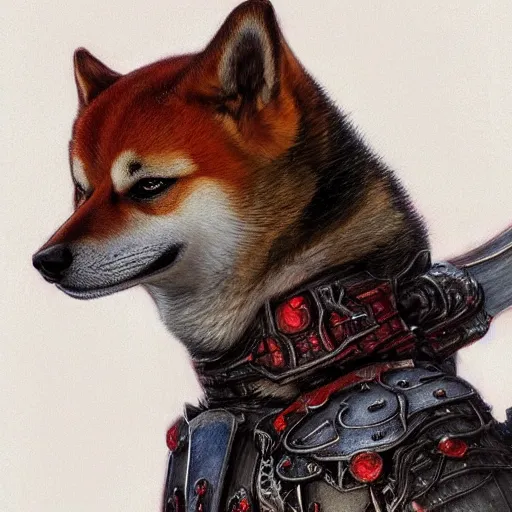 Image similar to anthropomorphic shiba inu, wearing anime berserk armor and sword, darkness aura red light, fantasy, dark, portrait art by donato giancola and greg rutkowski, realistic face, digital art, trending on artstation, symmetry