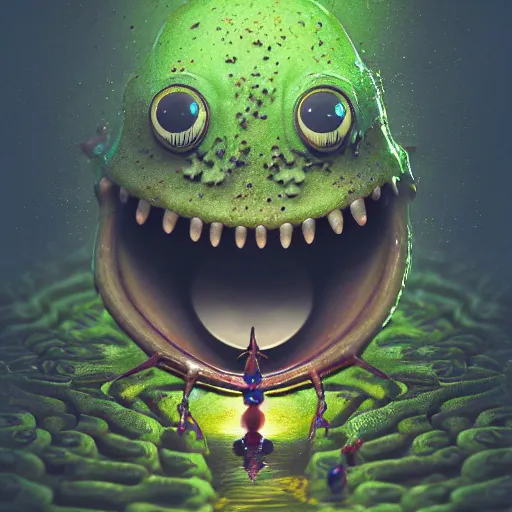 Prompt: of an intricate murky clay swamp with strange cute friendly laughing beetles with huge eyes, long tongue, square teeth and funny face appearing from the mud, in the style of craola, macro lens, shallow depth of field, highly detailed, digital painting, trending artstation, concept art, illustration, cinematic lighting, vibrant colors, photorealism, epic, octane render