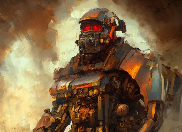 Image similar to a man made out of broken machine parts, warm colors, cinematic dramatic atmosphere, oil painting by jama jurabaev, extremely detailed, brush hard, artstation, for aaa game, high quality, brush stroke