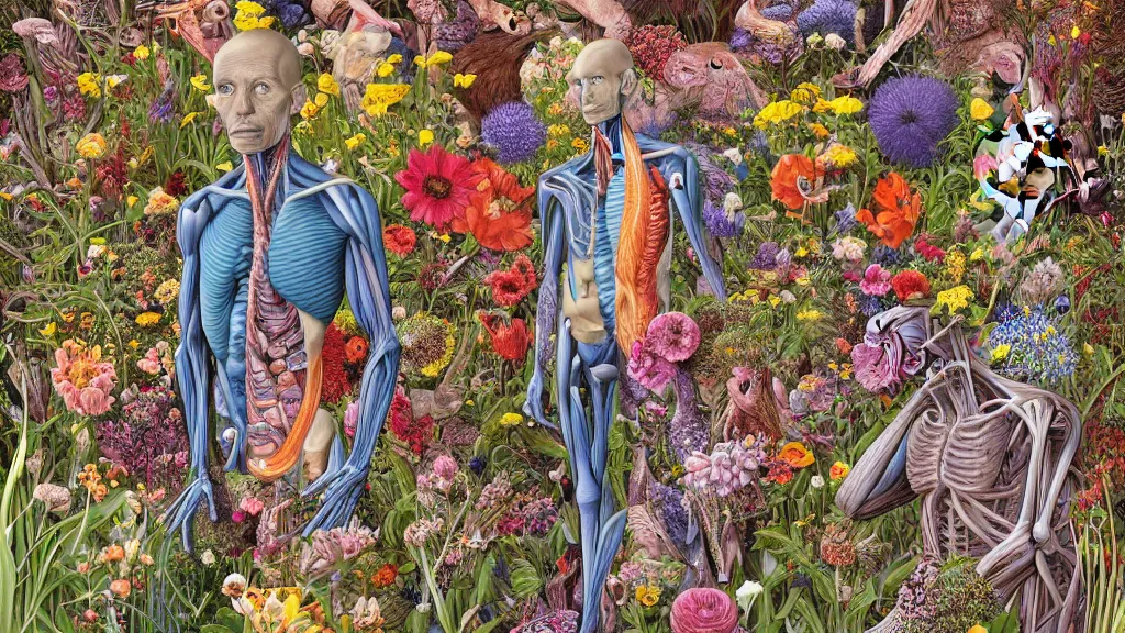 Prompt: highly detailed illustration of a human anatomy body surrounded by all the known species of flowers by juan gatti, by michael reedy!!, by moebius, by oliver vernon, by joseph moncada, by damon soule, by manabu ikeda, by kyle hotz, by dan mumford, by kilian eng