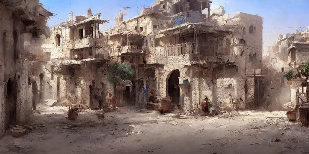 Image similar to hyper realistic, beautiful syrian village, cleaned up,, painted by greg rutkowski, highly detailed,