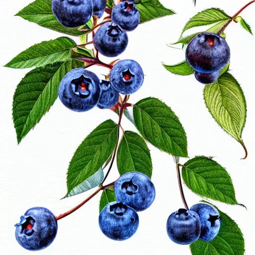 botanical drawing of blueberry bush. Detailed art. Stable Diffusion