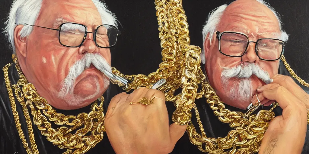 Image similar to wilford brimley rapper wearing gold chains with gold rings on his fingers diabeetus high fidelity painting high resolution trending on artstation