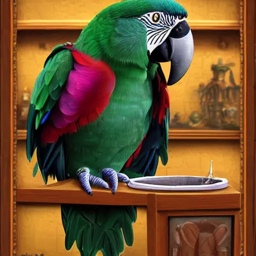 Prompt: Anthropomorphized parrot trader in his shop, medium shot, full body, items, weapons, magic potions, trinkets, carpet, lamps, window, fancy hat, sly expression, cunning expression, cute expression, long thick shiny black beak, D&D, fantasy, cinematic lighting, highly detailed, digital painting, artstation, concept art, smooth, sharp focus, illustration, warm light, cozy warm tint, magic the gathering artwork, volumetric lighting, 8k, art by Greg Rutkowski