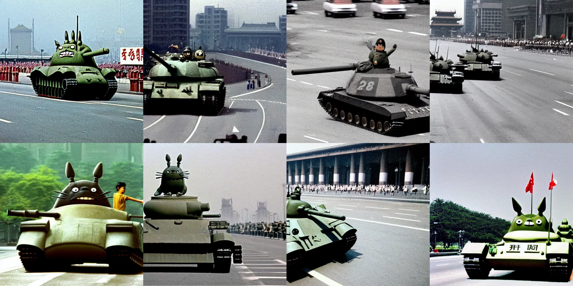 Prompt: A 35mm photo, of Totoro, standing bravely on the road, back towards camera, blocking a tank in Tiananmen square, style of Tiananmen square tank man photo (1989)