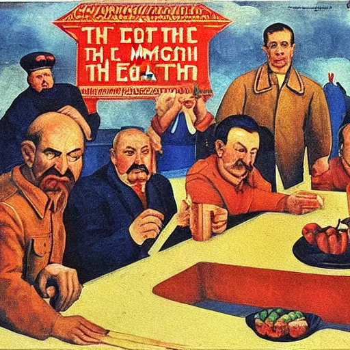 Image similar to soviet painting propoganda of the phrase'eat the rich'by isaak brodsky, walter womacka, czeslaw znamierowski, vladimir pchelin, kuzma petrov - vodkin, igor berezovsky