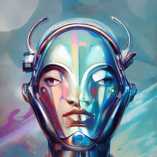Image similar to scifi futurism automaton minimalism chrome by peter mohrbacher art Hajime Sorayama airbrush hyperrealism model abstract shatter fragments cubism futurism pastel blue soft flat minimal minimalism portrait face jackson pollock ukiyo-e lithograph mark ruthko swirl escape noise shimmer glow paint