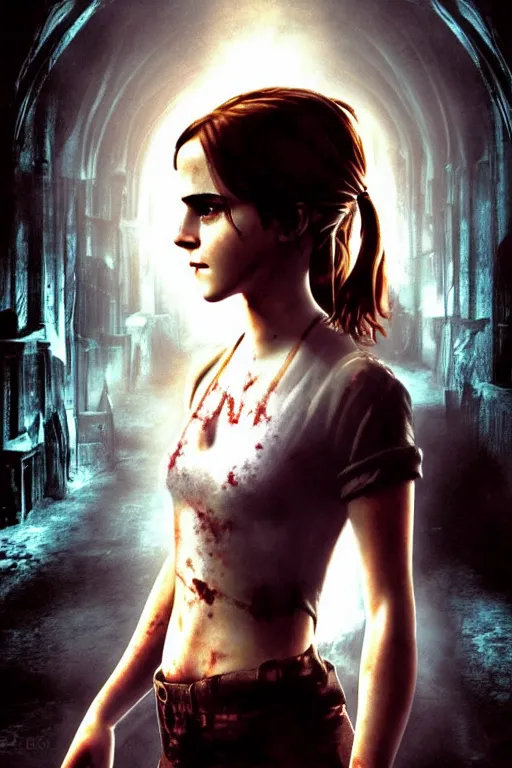 Image similar to emma watson, survival horror, playstation 2 game box keyart