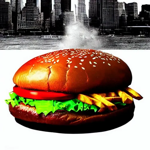 Image similar to giant delicious burger and fries splashes into New York city river, mind-bending digital art, macro photography 25mm, hollywood movie cinematic helicopter view