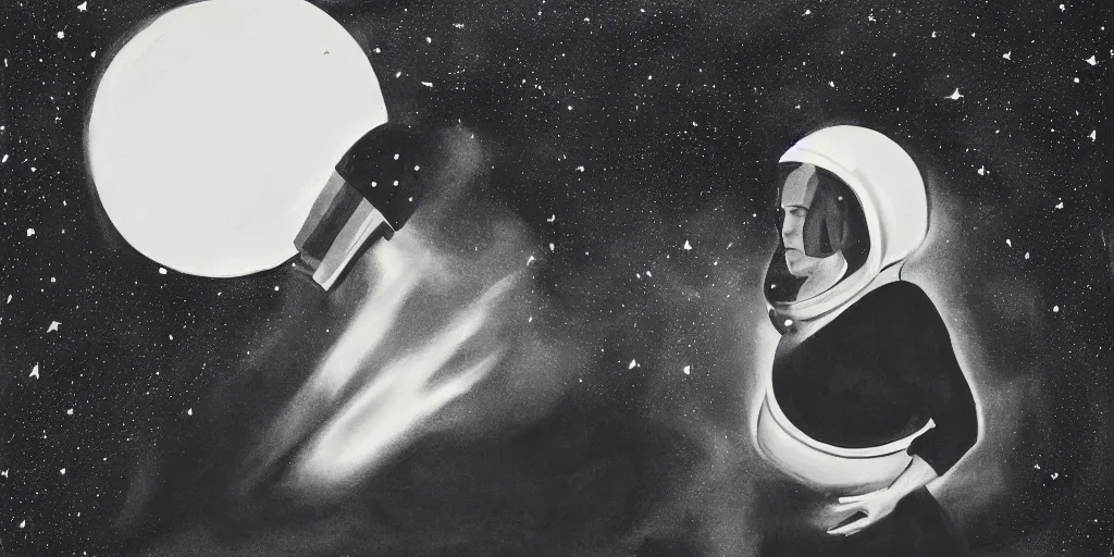 Image similar to charcoal portrait of a woman wearing a space helmet, scifi, big clouds visible in the background, stars in the sky, high contrast, deep black tones, charcoal smears