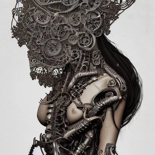 Prompt: a female model by stefan geselle and nekro borja, illustration, biomechanical, intricate details, hyper realistic, mechanical, dark beauty, photorealistic, by alphonse mucha, canon r 3, photography, wide shot, photography, dark beauty, symmetrical features