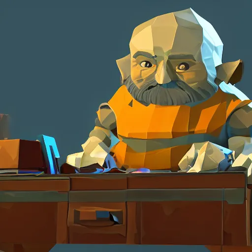 Prompt: A dwarf peeking over his desk surprised like Killroy, the desk is covered in scattered papers, deep rock galactic screenshot, low poly, digital art.
