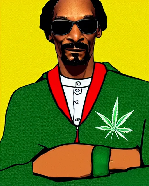 Image similar to pop art, snoop Dogg dressed as a green Superman with a marijuana logo, Long Beach background, sunset