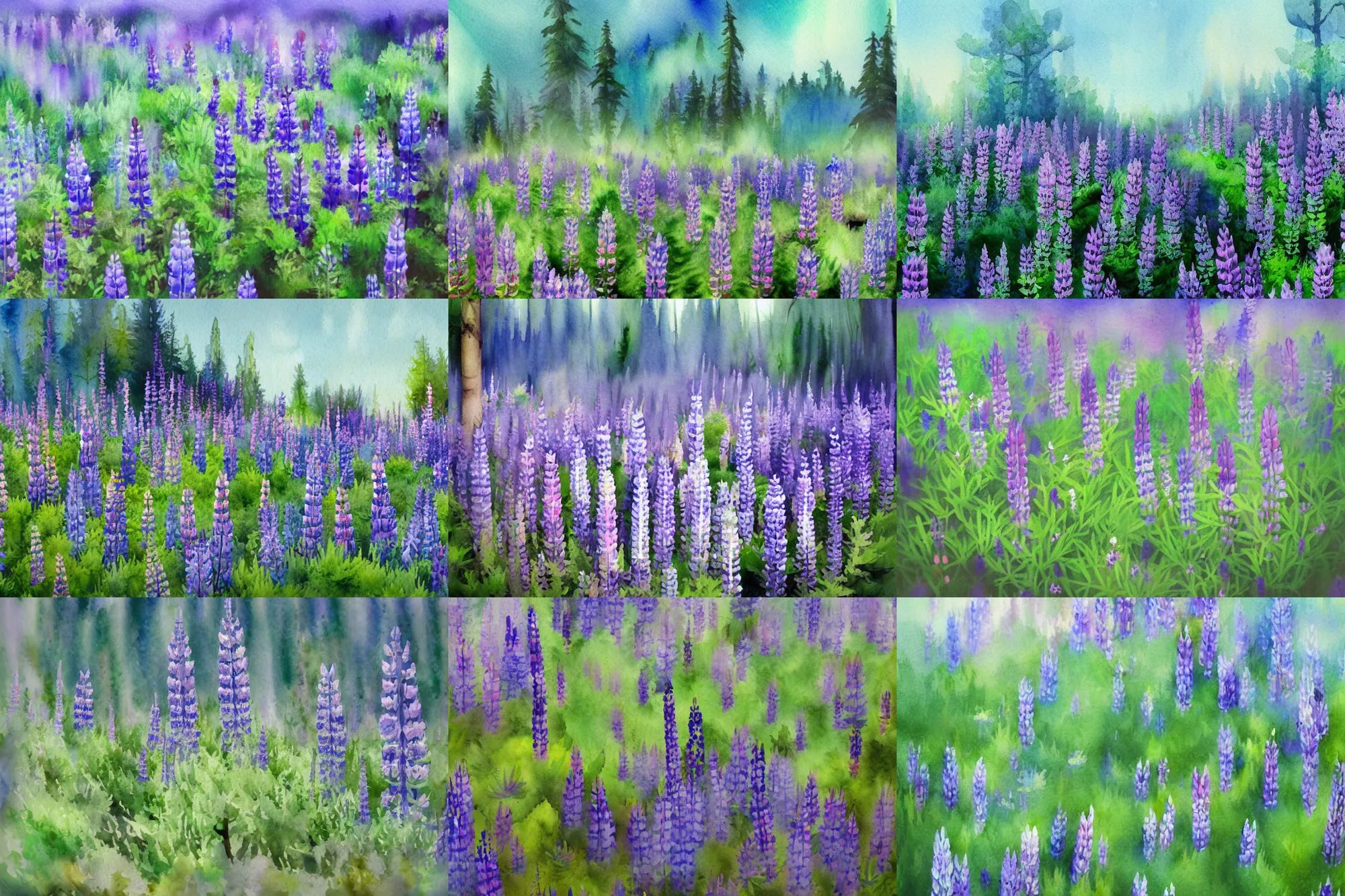 Prompt: Lupine forest, high quality watercolors, award winning, trending on ArtStation