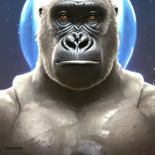 Image similar to detailed science - fiction character portrait of a silverback gorilla wearing a omnicolored space suit, intricate, wild, highly detailed, digital painting, artstation, concept art, smooth, sharp focus, illustration, art by artgerm and greg rutkowski and alphonse mucha