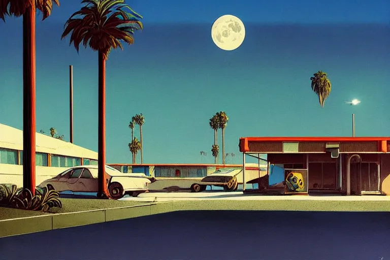 Image similar to broken robot | abandoned motel | palm trees | snowy mountains | moon in sky, painting by syd mead and weta studio and moebius and james jean and frank frazetta, highly detailed, rule of third, soft lighting, architectural magazine, beautiful detailed, insanely intricate details, artstation trending, hypermaximalistic, high details, cinematic