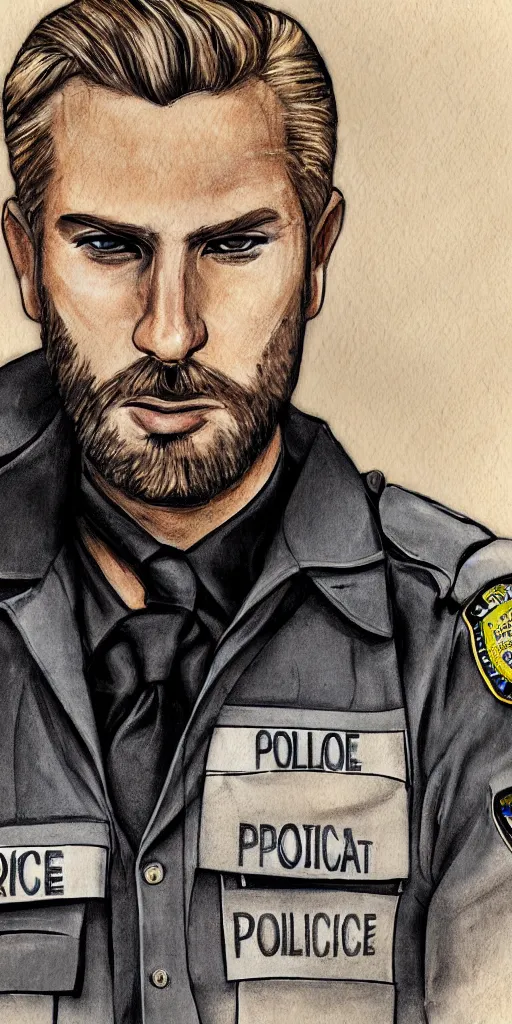 Prompt: portrait of a blonde police officer with short hair and a patchy beard, close up, grimy streets backgrop, detailed, art by loran desore