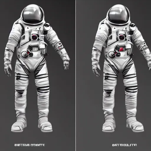 Image similar to Front, side and back character view of Astronaut from Kojima Productions by Artgem and Donato Giancola, trending on Artstation concept arts