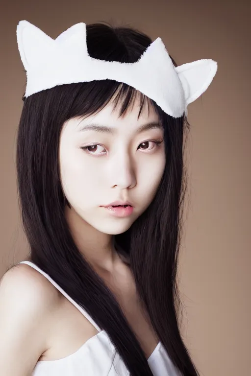 Image similar to aesthetic photograph of alluring young Japanese woman wearing white cat ears, by Nick Knight and jia ruan, headshot, cosplay, realistic, photorealistic, HD, 4k resolution