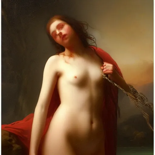 Image similar to portrait of a young women bathing in blood wearing a thin robe, highly detailed painting by aivazovski 8 k