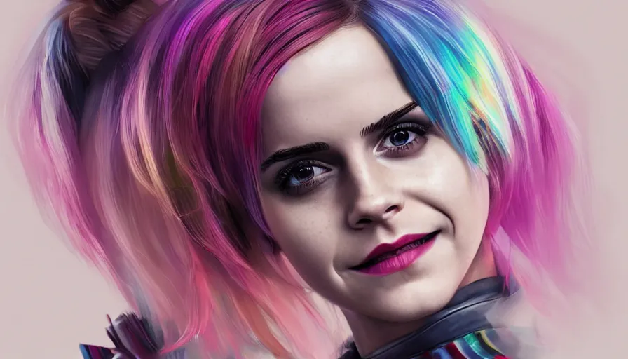 Prompt: emma watson is harley quinn, rainbow brackground, hyperdetailed, artstation, cgsociety, 8 k