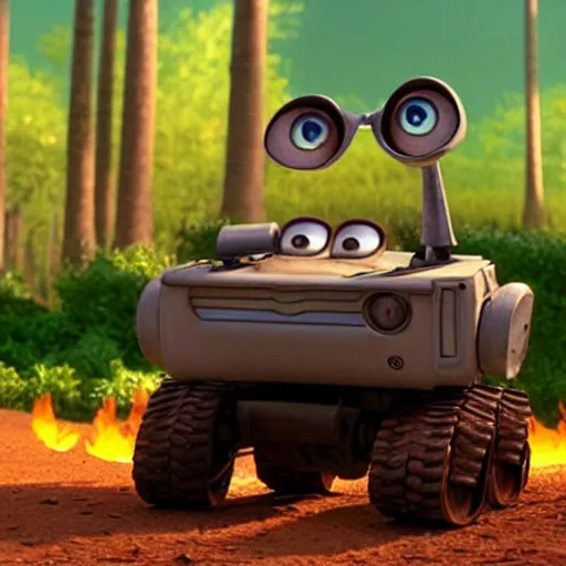 Image similar to Pixar animation of wall-e burning a forest