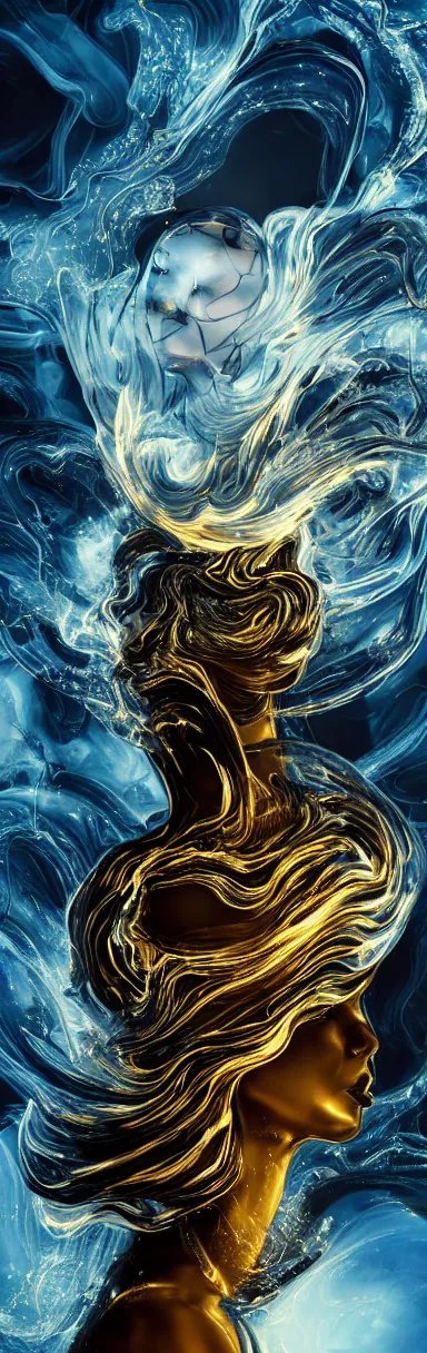 Image similar to epic illustration, abstract sculpture of beautiful female face silhouette and black swirling liquifying acrylic portrait, fluffy clouds, mechanical superstructure, sacred geometry, glowing edges, golden hour, beautiful light, sculpture of carving marble, dark colors, dark mood, one point light, golden spirals, clockwork, epic matte painting, concept art, bokeh, digital painting