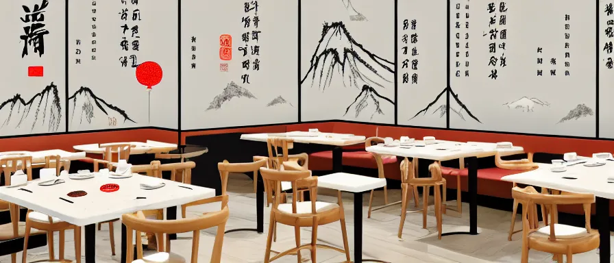 Image similar to a beautiful interior view illustration of a small roasted string hotpot restaurant in yan'an city, corner, restaurant wall paper is tower amd mountain, rectangle white porcelain table, people are eating, black chair, animation illustrative style, from china, simple style structure decoration design, victo ngai, james jean, 4 k hd