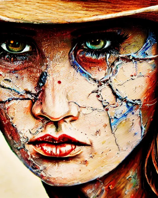 Image similar to acrylic portrait of scarred cowgirl, high production value, intricate details, high resolution, hdr, high definition, masterpiece, realistic, ultrarealistic, highly detailed, hd, sharp focus, non blurry, sharp, smooth