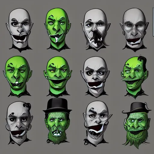 Prompt: a cartoonishly evil goblin, supervillain, top hat and luxurious handlebar moustache, green skin, cartoon style, d & d character portrait, victorian clothing, digital art, 8 k,