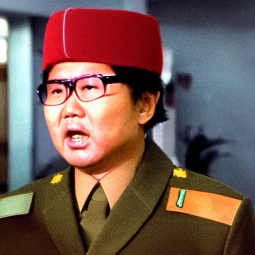 Image similar to a still of Kim Jong-il as John Rambo in Rambo First blood, red sweatband