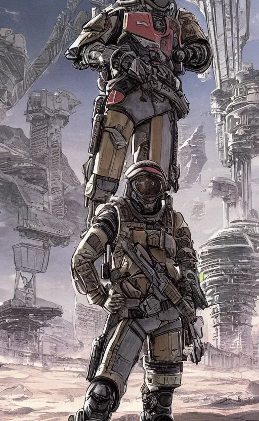 Prompt: a cyberpunk soldier with tactical gear and a rifle patrols a Japanese city on mars, Industrial Scifi, detailed illustration, character portrait, by Martin Grip and Moebius