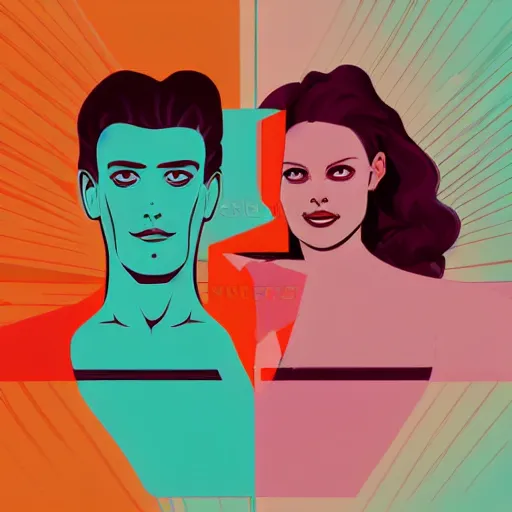 Prompt: two beautiful faces of a woman and a man, with a tatoo of semi colon on their face, in retro colors, synthwave style, 2 d digital vector art