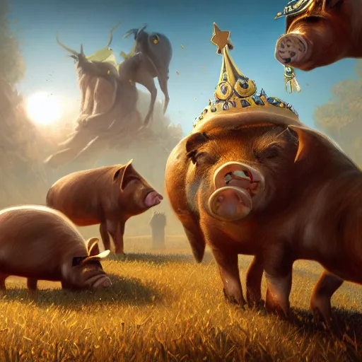 Prompt: an epic painting of the team of pigs wearing gold crowns, oil on canvas, golden hour, perfect composition, golden ratio, beautiful detailed, photorealistic, digital painting, artstation, concept art, smooth, sharp focus, illustration, fantasy background, artstation trending, octane render, unreal engine