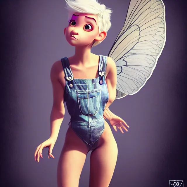 Image similar to full body pose, beautiful adult fairy, pixar, short white hair shaved sides, dirty, grungy, grunge, long sleeve, painted overalls, stacks of giant books, highly detailed, 4 k, hdr, smooth, sharp focus, high resolution, award - winning photo, artgerm, photorealistic