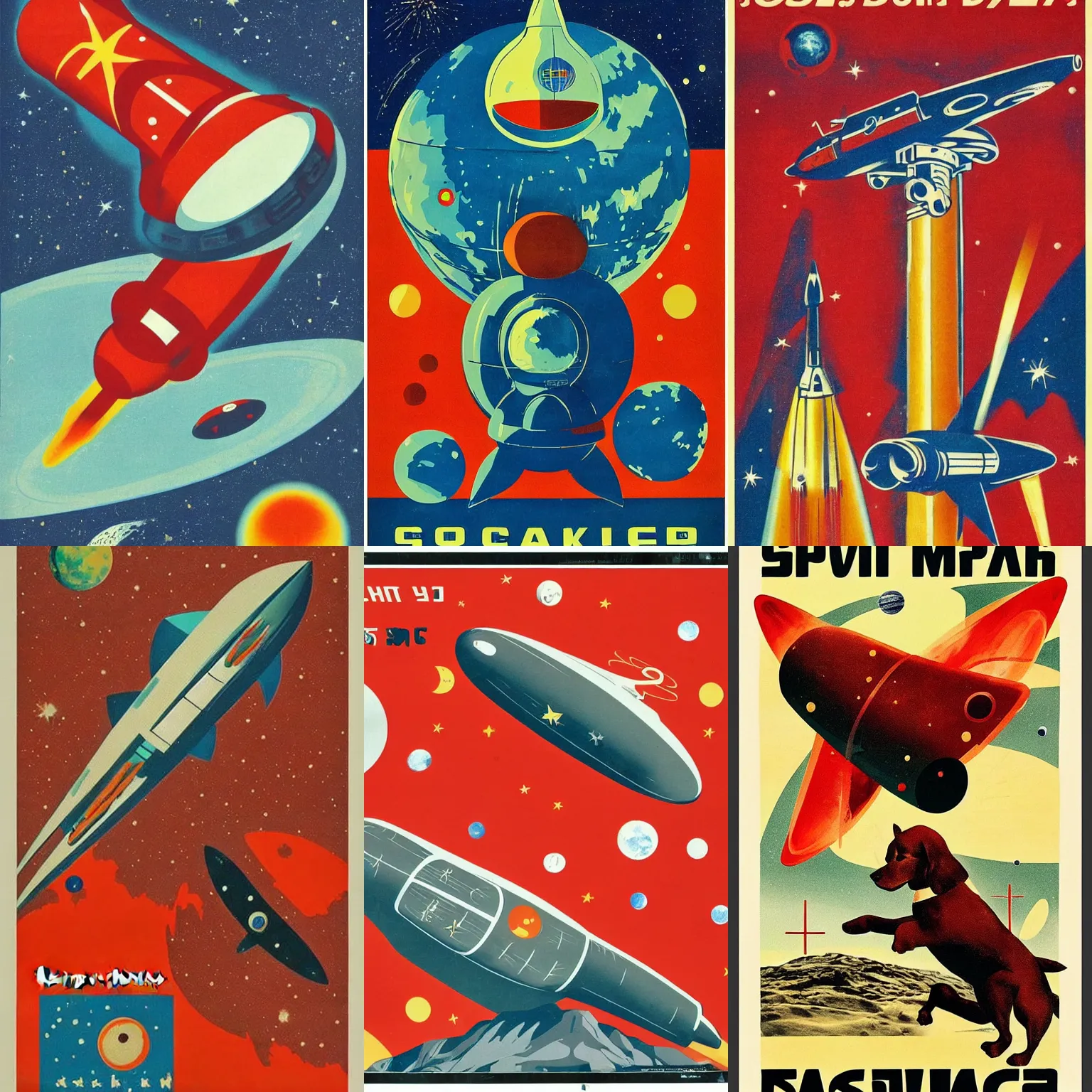 Prompt: Soviet dog shaped Space craft, planet mars, 60s poster, 1962 Soviet