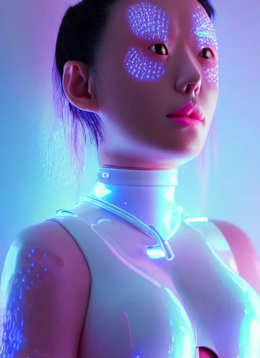 Image similar to japanese female humanoid with freckled cheeks, cyber neon lighting, retro futurism, intricate futuristic led lit jewelry, retro futuristic glossy white latex swimwear, profile posing, hyper photorealistic, crispy quality, digital photography, trending in artstation, trending in pinterest, cinematic, 4 k ultra hd, art by pascal blanche, art by greg rutkowski,