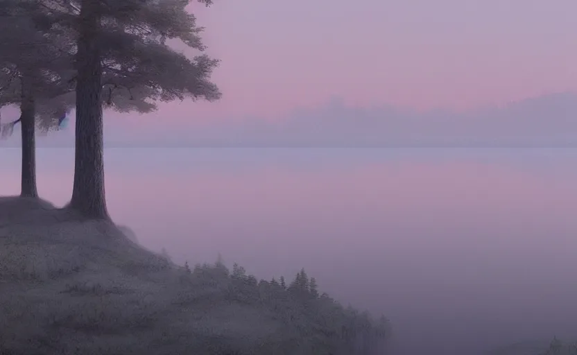 Image similar to a strange lake directed by charlie kaufman ( 2 0 0 1 ) anamorphic lenses, foggy volumetric light before sunrise, cinematic trending on artstation in the style of greg rutkowski