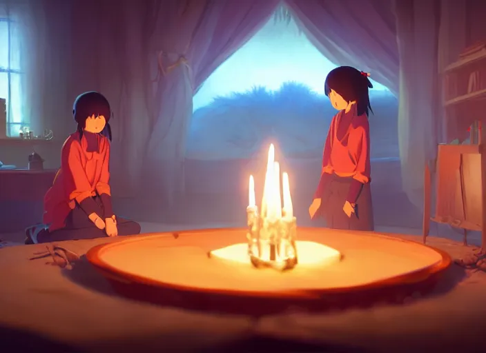 Image similar to a night ritual, being lit by candles, medium shot, studio ghibli, pixar and disney animation, sharp, rendered in unreal engine 5, anime key art by greg rutkowski, bloom, dramatic lighting