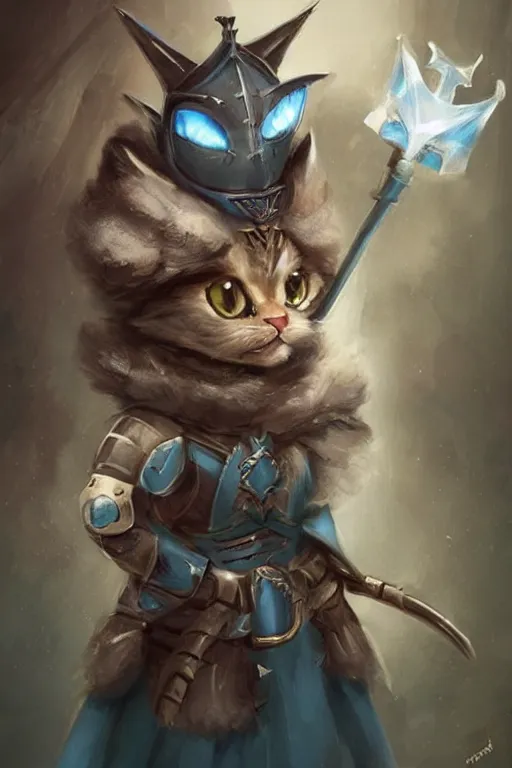 Image similar to cute little anthropomorphic cat knight wearing a cape and a crown, tiny, small, miniature cat , baby animal, short, pale blue armor, cute and adorable, pretty, beautiful, DnD character art portrait, matte fantasy painting, DeviantArt Artstation, by Jason Felix by Steve Argyle by Tyler Jacobson by Peter Mohrbacher, cinematic lighting