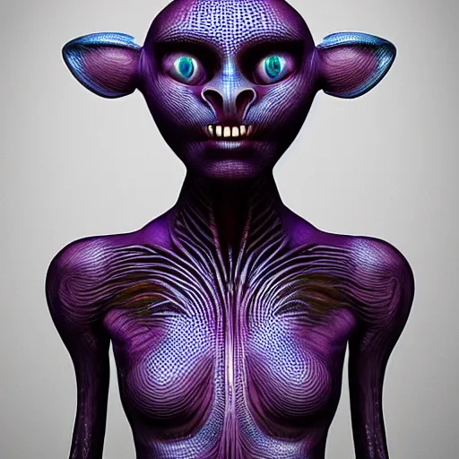 Prompt: detailed, symmetrical, unique, strangely beautiful, female alien, highly detailed, 3d, sci-fi, maximum complexity, awe