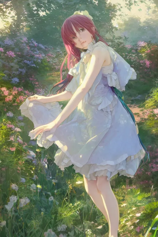 Image similar to a depressed digital art, loli in dress, garden, green and warm theme, blue accents, back lighting, highly detailed, 4 k resolution, trending on art station, by krenz cushart and mucha and akihito yoshida and greg rutkowski